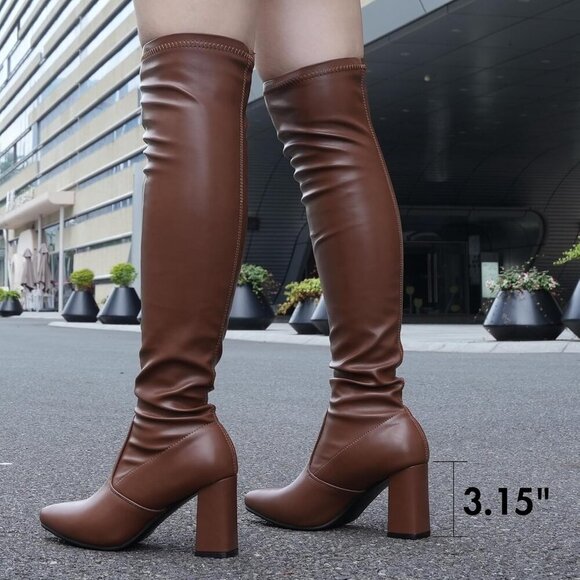 Women's Brown Comfort Thigh High Pointy-toe And High-heel Over The Knee Boots - Picture 3 of 5